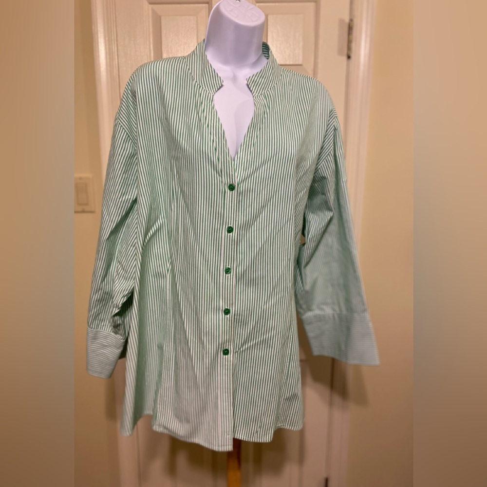Harvé Benard Women's Green Striped Shirt, 3/4 sleeves, slits on sides, Size: 3X